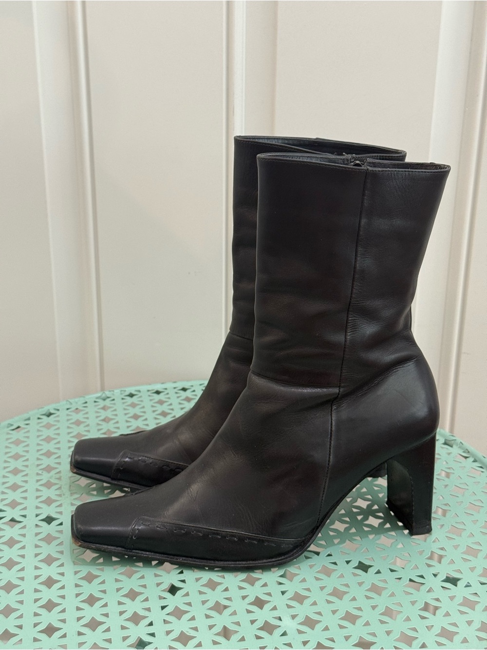 Besso Italian Black Leather Heeled Boots- 38 (7.5)